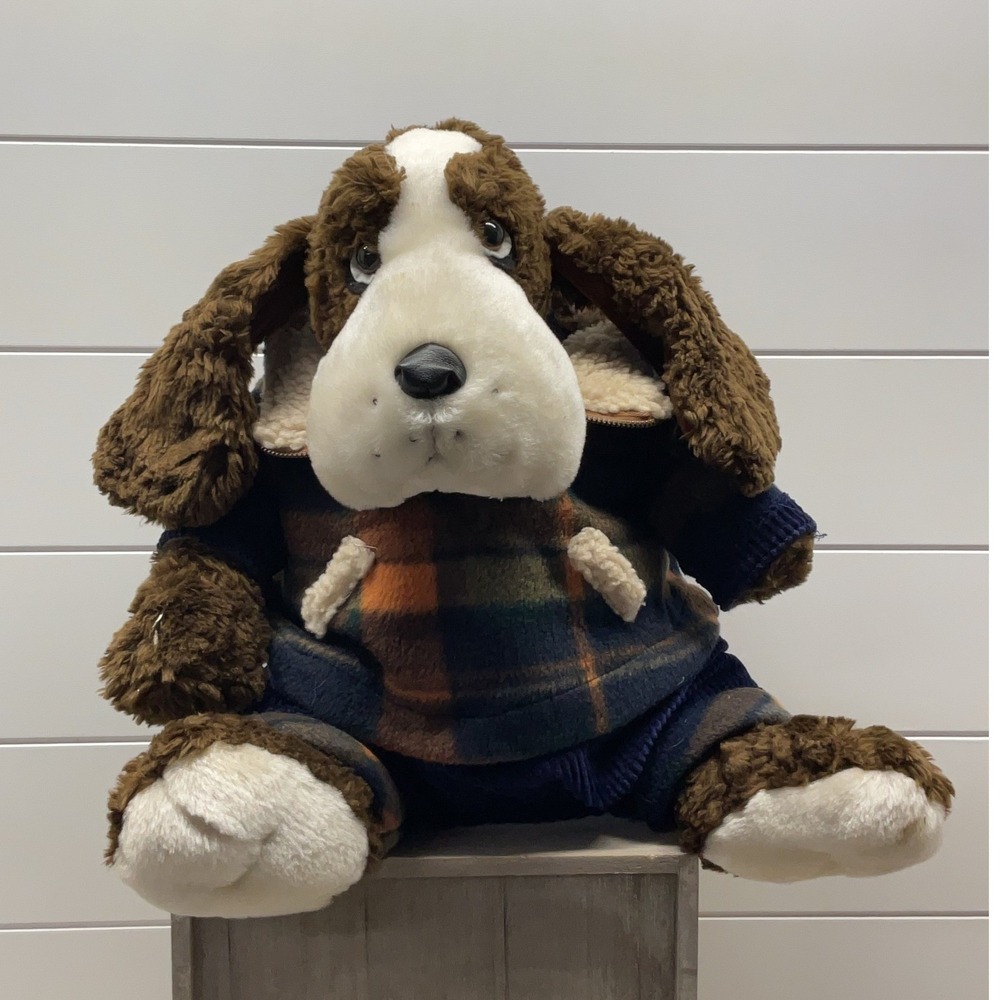 Vintage Basset Hound Plush Dog in Plaid Fleece Jacket and Pants 12 Inch
